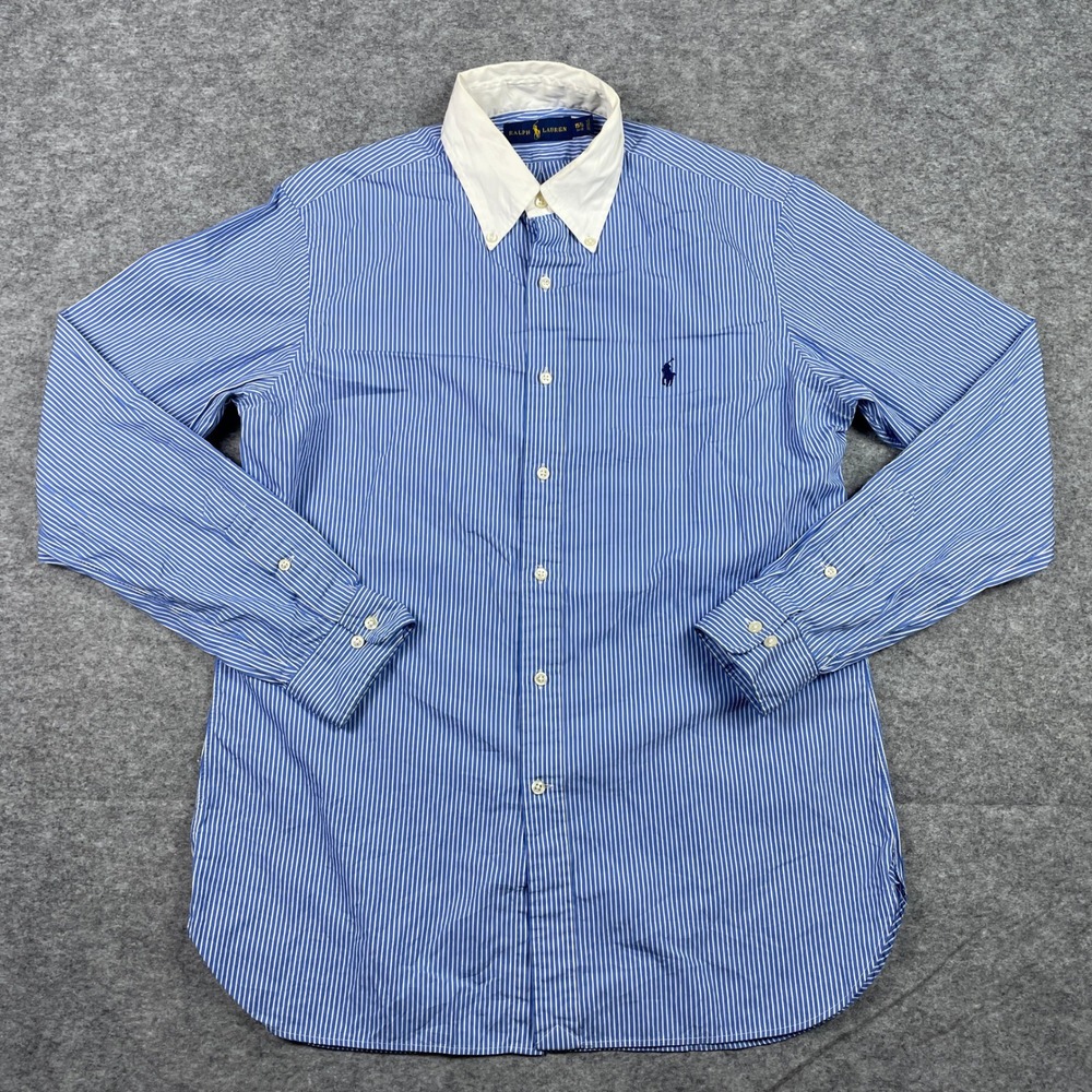 Polo Ralph Lauren Button Down Shirt Mens 15.5 34-35 Blue Stripe Contrast Collar